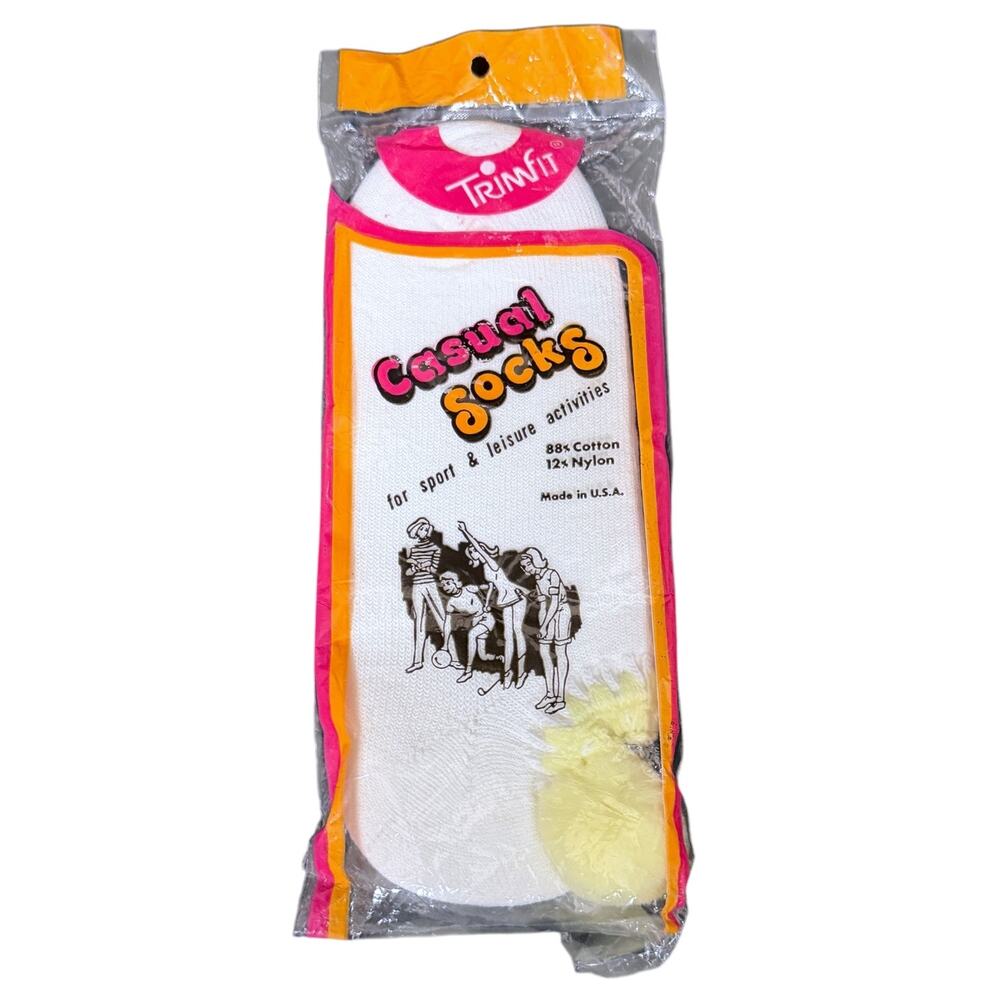 Vintage 70s Trimfit Casual White Yellow Women's Medium Pom Pom Socks New NIP